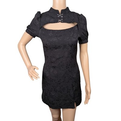 NEV Studio Black Floral Brocade Mini Dress Small S Gothic Cutout Puff Sleeve