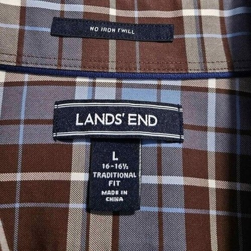 Lands End Herren Gr. L Button Down Langarm Hemd bügelfrei Twill braun blau kariert - Bild 3 von 4