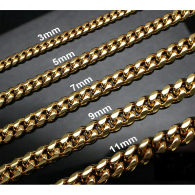 3/5/7/9/11mm Men Gold Plated Curb Cuban Link Chain Necklace Bracelet Xmas 16-30''