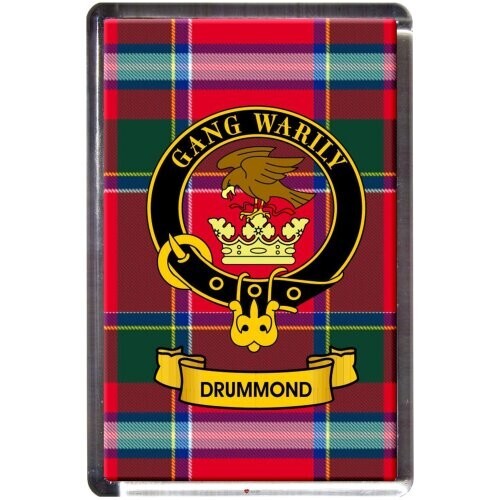 Drummond Tartan Fridge Magnet with Scottish Clan Crest on Clear Acrylic Base