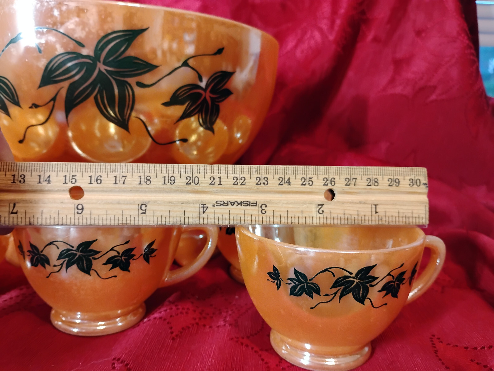 Fire King Anchor Hocking Peach Lustre Ivy Punch Bowl Set With 8 Cups  With Stand