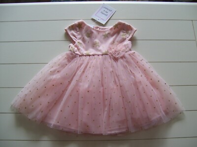 Pretty as a Picture Peach Gold Sparkle Dot Star Tulle Party Dress Sz 12M or 18M