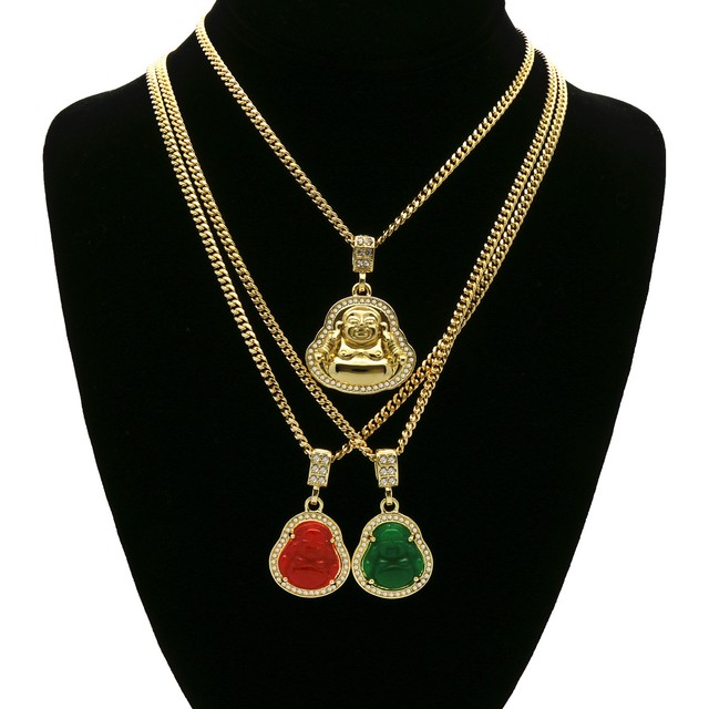 14k Gold Plated Plain, Green & Red Buddha 3 Pendant Set 30" 30" 24