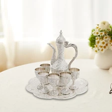 Silver Teapot Vintage Zinc Alloy Tea Set w/ 6 Cups & Tray for serving tea/coffee