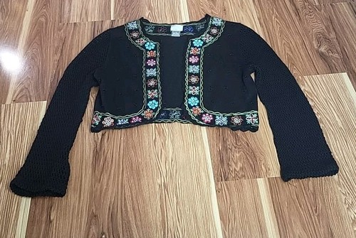 Vintage Berek Cropped Cardigan Sweater Medium Beaded Embroidered Floral Black - Picture 8 of 8