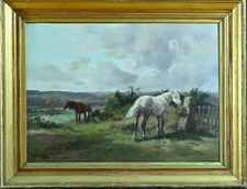 Antique Painting Portrait Horses Landscape Ciel Barbizon Fence Quinton 19ème Hst