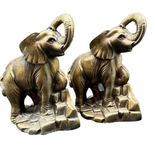 Pair Vintage 1975 Park Sherman Brass Elephant Bookends Trunk Up Book Holders