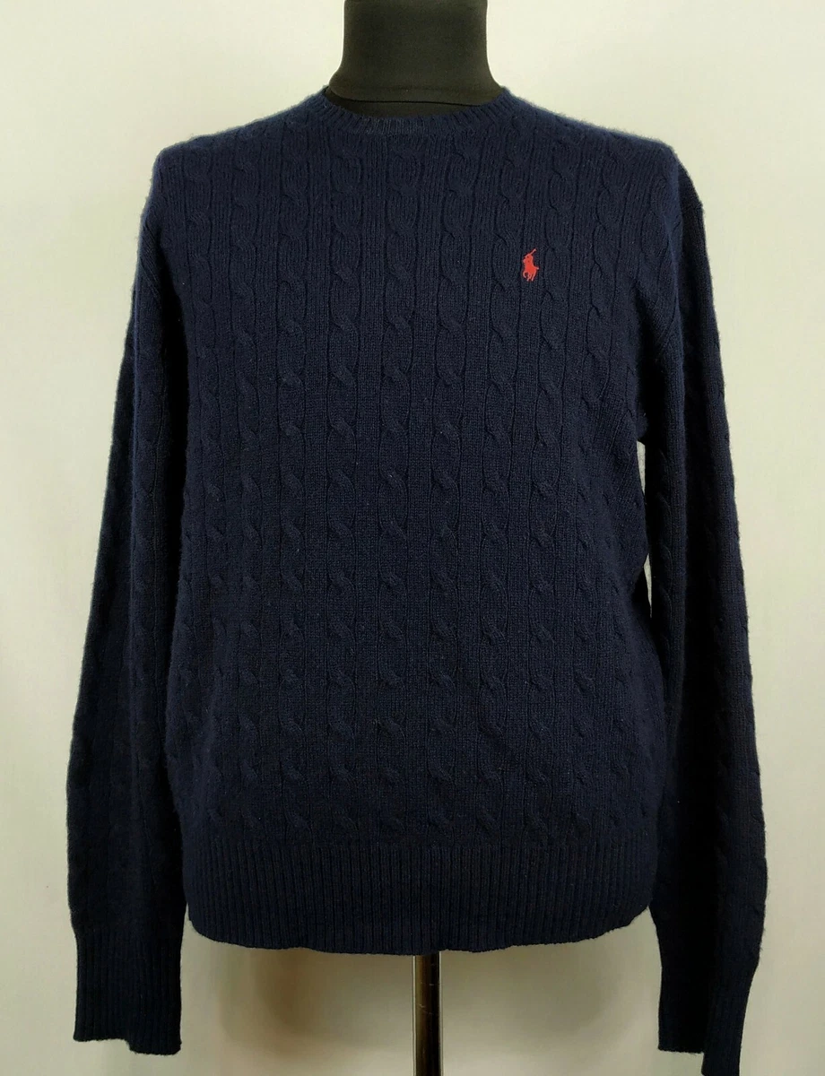 Vintage Polo Ralph Lauren Lambs Wool Cable Knit Sweater Pullover Navy L