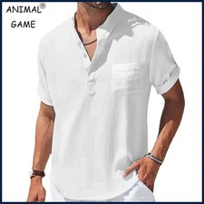 New Men's Casual Stand Up Collar Summer Solid Color Short Sleeve Linen Shirt