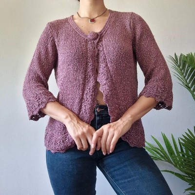 moda Strickjacke mit gewelltem Saum UK 16 Fee Grunge Boho Cottagecore Mauve Rosa