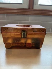 Vintage Wilson Amber Sewing Box some vintage Notions Needles, Thread, Buttons
