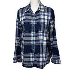 Women's Plaid Button Down Flannel Shirt Blue Green Soft Relaxed Fit M