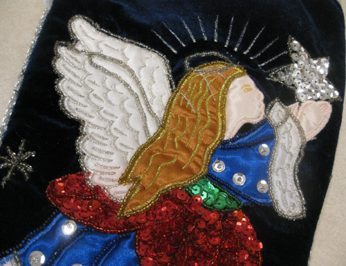 Vintage Sequin Velvet Bead Christmas Stockings 16”Angel Holding Star Handcrafted - Picture 7 of 8
