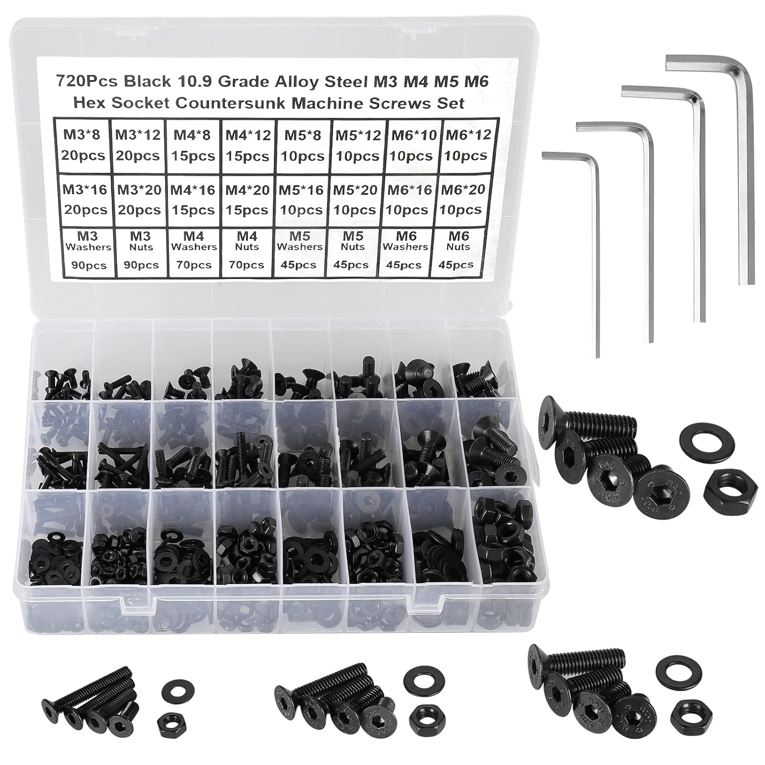 720Pcs M3 M4 M5 M6 Hex Socket Countersunk Machine Screws,Nuts and Bolts 10.9 Hex