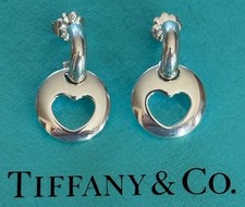 Tiffany  Co. Hoop Earrings Heart Stencil Sterling Silver 925  1999 With Pouch