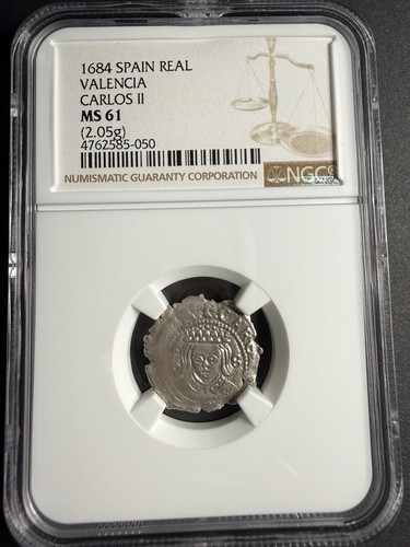 1684 Valencia NGC MS 61 TOP POP Spain 1 Real Carlos II Silver Coin Full Luster