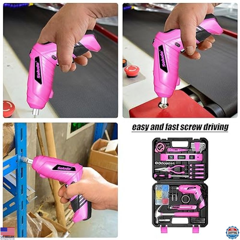 SOLUDE 130-Piece Pink Tool Set with 3.6V Cordless Screwdriver for DIY & Homes