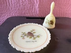 Vintage Fenton Glass Mothers Day 1980 Custard Uranium Bird Bell & Plate Signed