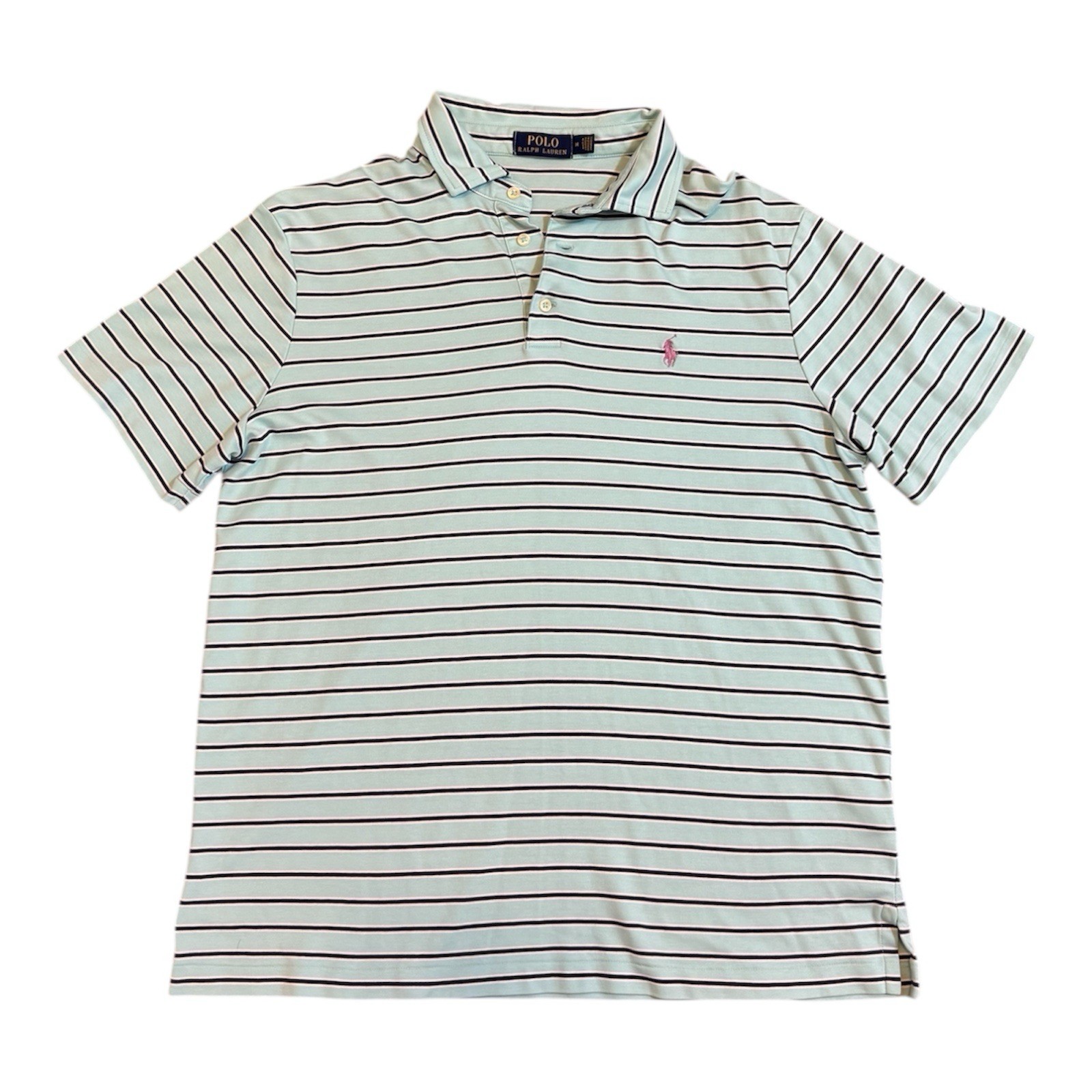 Polo Ralph Lauren camicia uomo blu a righe maniche corte rosa pony taglia media