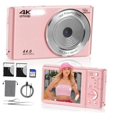 2025 Upgrade Digital Camera,Digital Camera 4K 44MP, Compact Point and Pink