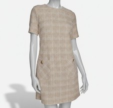 Halston Women's Beige Patch-Pocket Short-Sleeve Tweed Shift Dress Size 12
