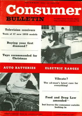 #ad 1958 Consumer Bulletin: Auto Batteries Electric Ramges Buying Your First Diamond $7.50