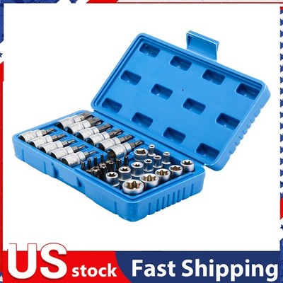 34pcs Torx Star Sockets & Bit Set Male Female E-torx Security Bits 3/8 Drive NEW