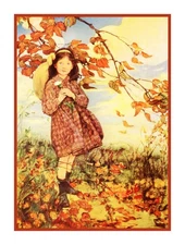 Young Girl Autumn Leaves Jessie Willcox Smith  Counted Cross Stitch Pattern