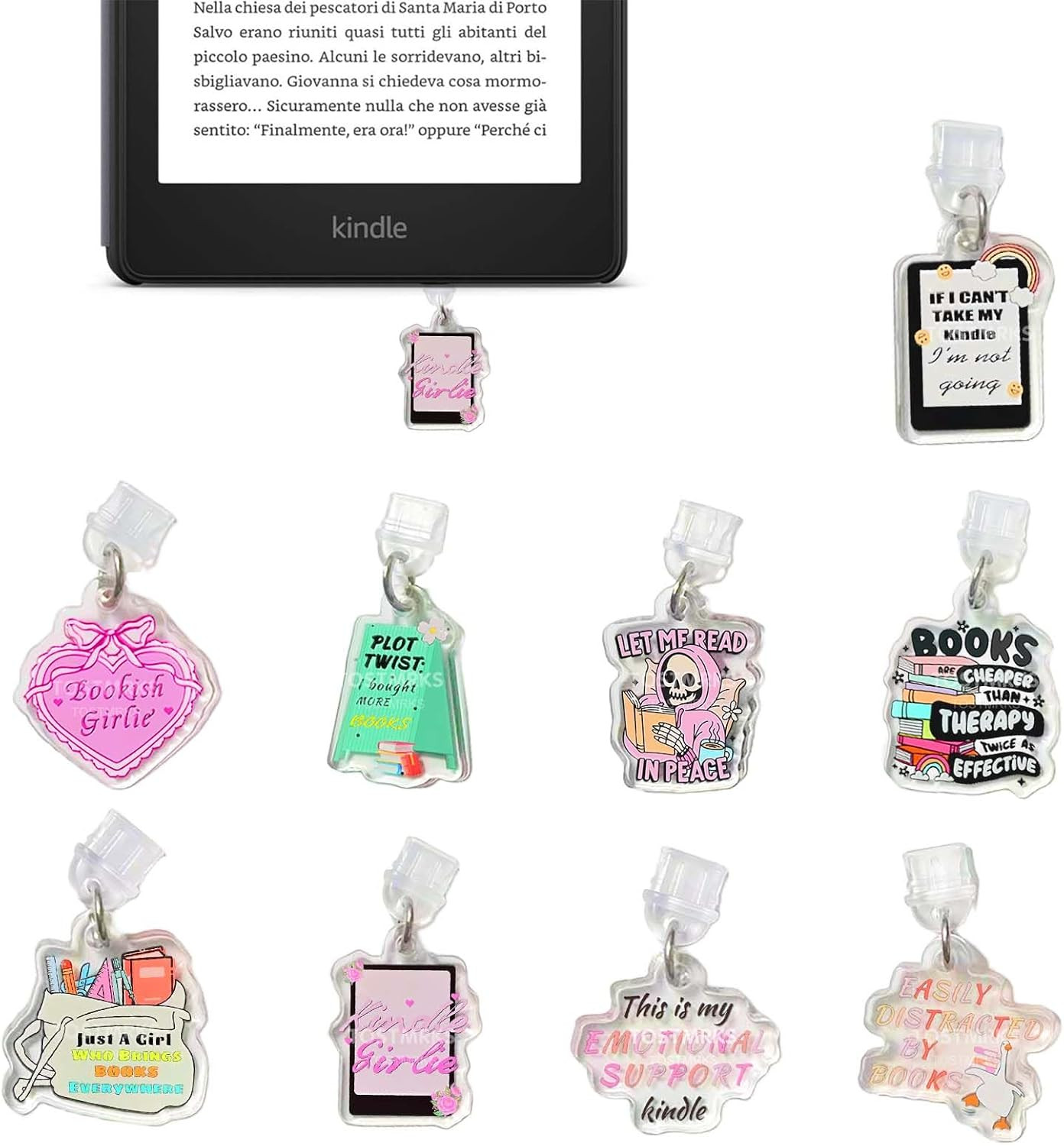 E-Reader Charms Set - 9 Pcs Custom Acrylic Dust Plugs for Kindle Type C Devices 