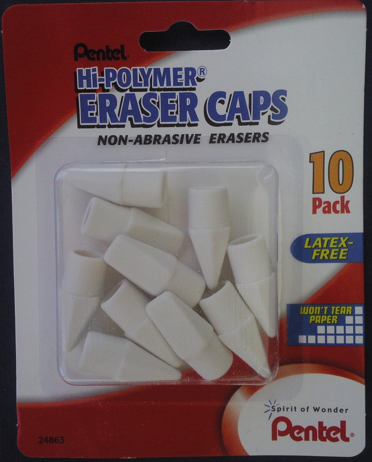 PENTEL HI-POLYMER ERASER PENCIL CAPS Non-Abrasive Erasers 10Ct/Pack LATEX FREE