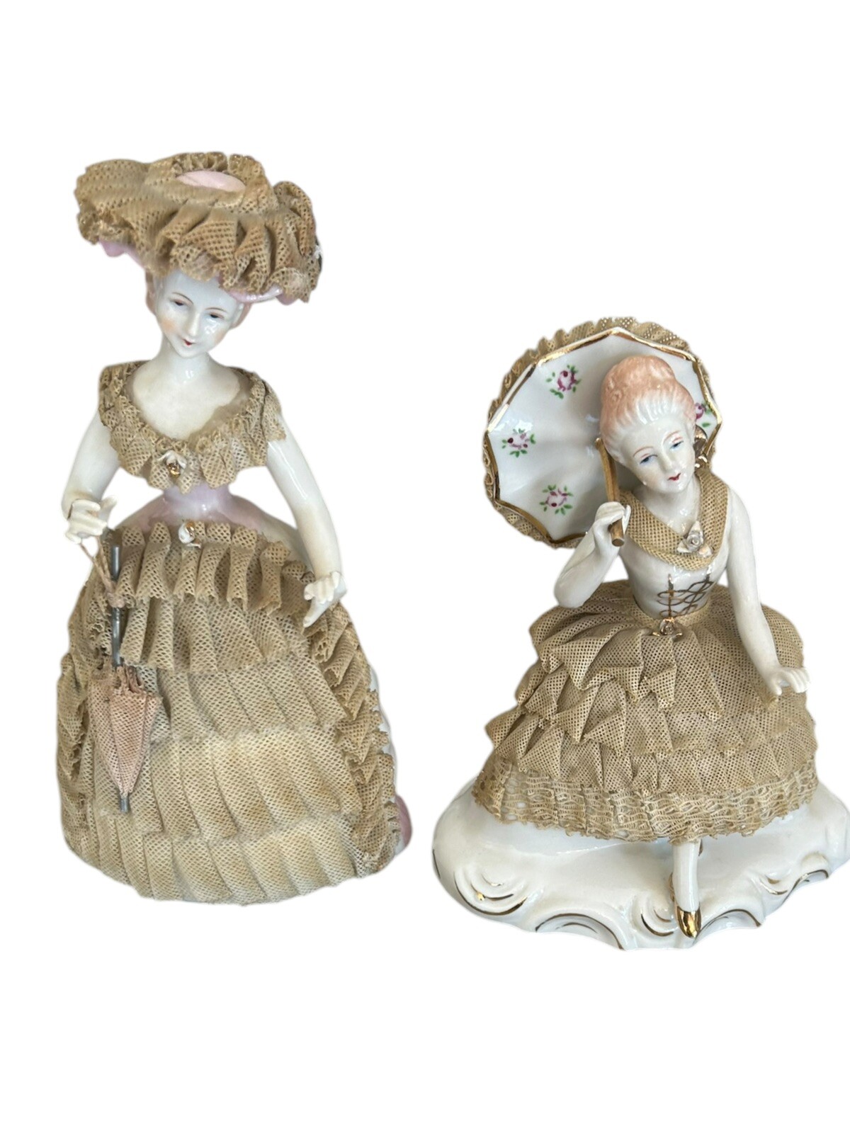 Vintage Dresden Japan Porcelain Lace Figurines with Bonnets and Umbrellas