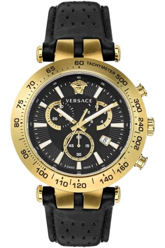 Mens Versace Watch V Race Black Logo Chronograph black leather strap New Box