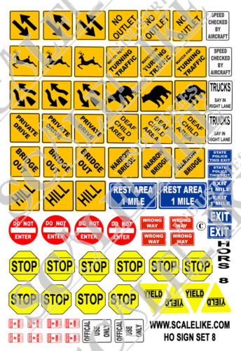 SCALELIKE INDUSTRIES HO-ROADWAY SIGNS 8 (HORS-8) PRINTED ON PLASTIC FACTORY NEW