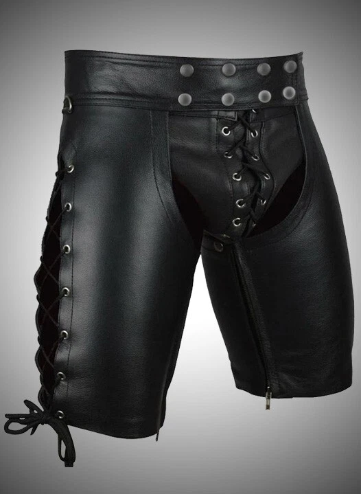 Pantalones Cortos de Cuero para Hombre Chaps con Encaje Lateral Cuero de Vaca Negro Chaps Club Wear Foto 4 de 4