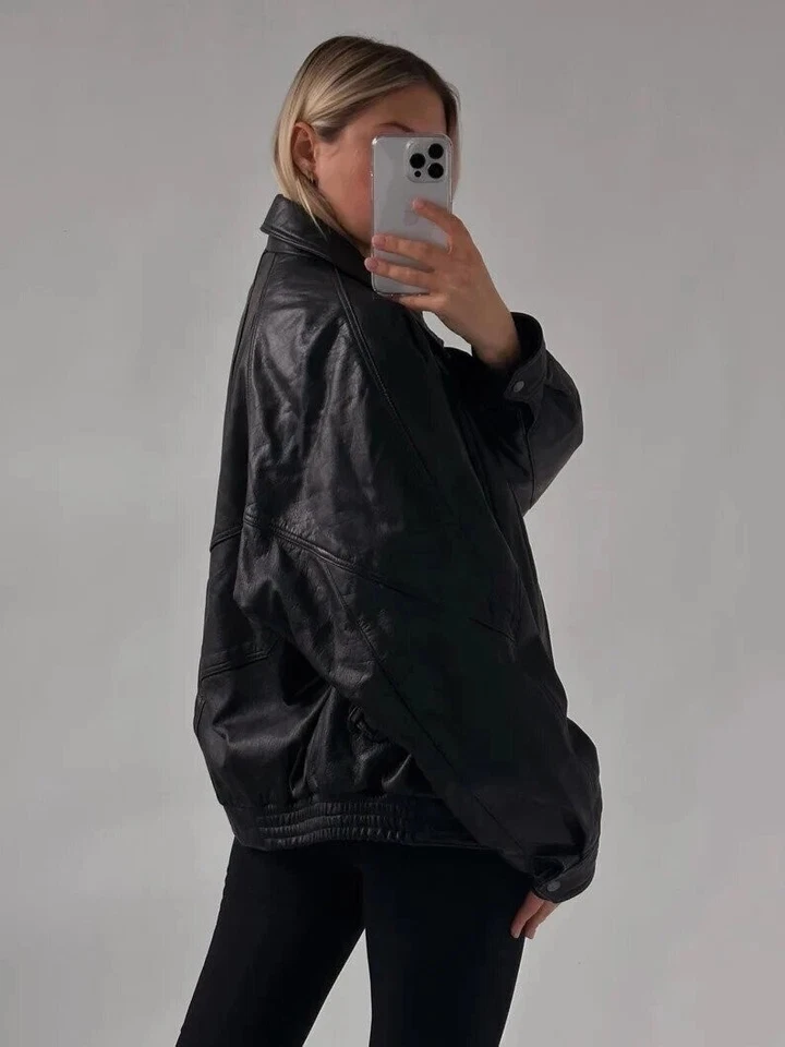 Womens Handmade Oversized Real Leather Vintage Women's Black Bomber Jacket - Image 4 of 4