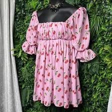 SMAK PARLOUR Dress Large Pink Cherry Vintage Style Babydoll Balloon Sleeve  2627