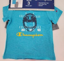 Champion boys 3 piece set includes gray mesh shorts and 2 t-shirts football logo