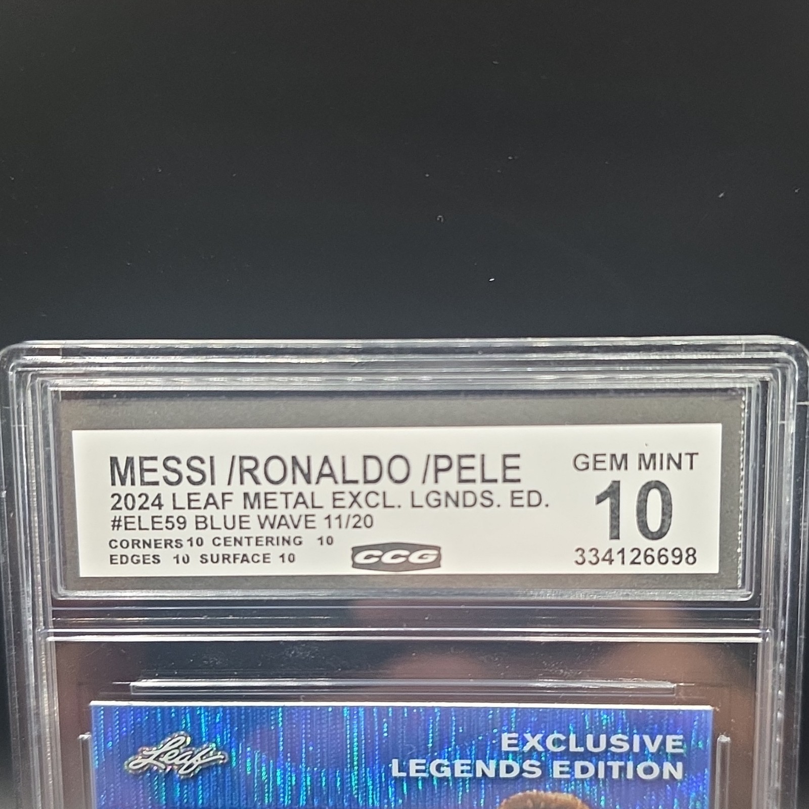 Leaf Metal Exclusive Legends Messi Ronaldo Pele ELE-59 Blue Wave 11/20 CGC 10 view 2
