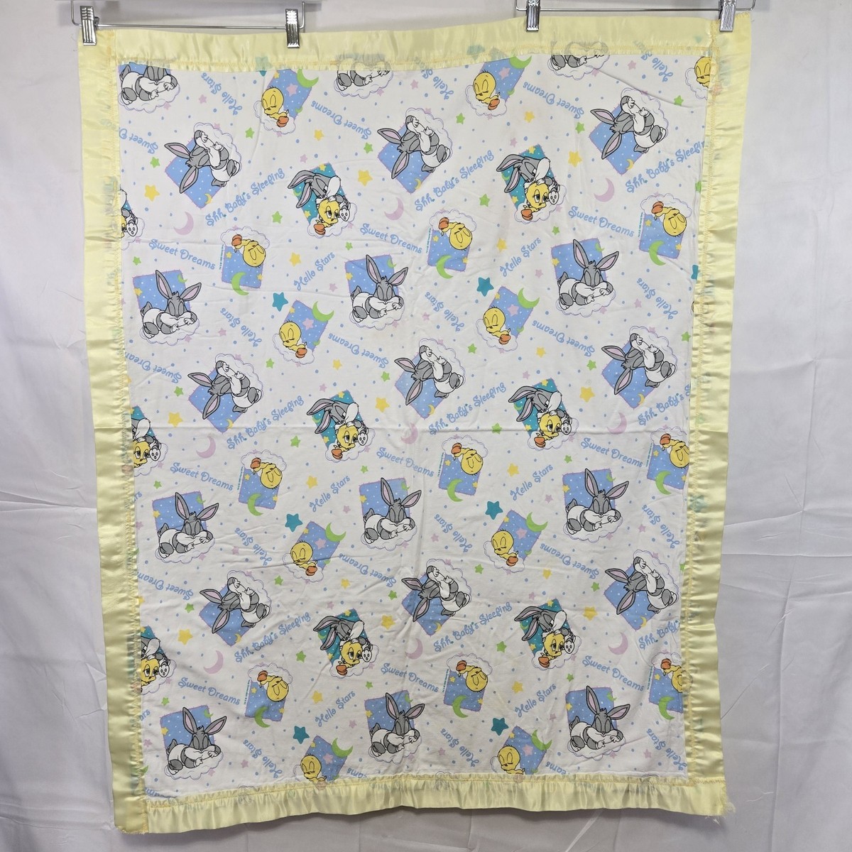 Vtg Satin Trim Baby Looney Toons Blanket Bugs Bunny Tweety Bird