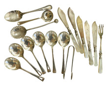 6 EP Silver Dessert Spoons, 3 Jelly Spoons, 5 Small Fish Knives, Fork, Tongs