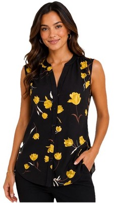 Chelsea & Theodore- Womens M Black Yellow Floral Sleeveless Blouse - Top