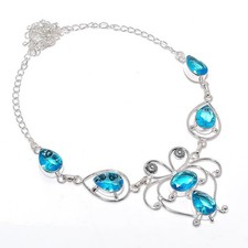 Swiss Blue Topza Gemstone Handmade 925 Sterling Silver Jewelry Necklace Size 18"
