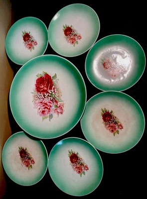 ANTIQUE (7) PIECE DESSERT/TEA SET-THE COLONIAL CO-CERAMIC OH EARLY 1900 s ROSES