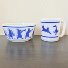 Hazel Atlas Milk Glass Blue Musical Pigs Marching Band Bowl & Farm Animals Cup