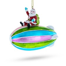 Santa Flying on Zeppelin Blimp Glass Ornament