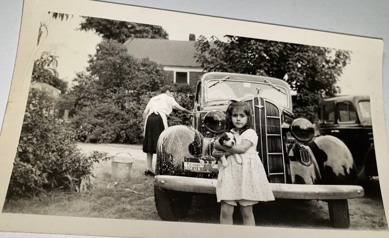 Rare Antique American WWII Girl & Puppy Dog! Car Wash V Victory Snapshot Photo!
