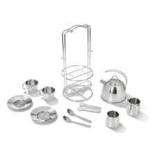 Melissa  Doug Stainless Steel Pretend Play Tea Set and Storage Rack 11pc 