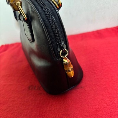 GUCCI Old Bamboo 2Way Mini Leather Shoulder Bag Black Vintage