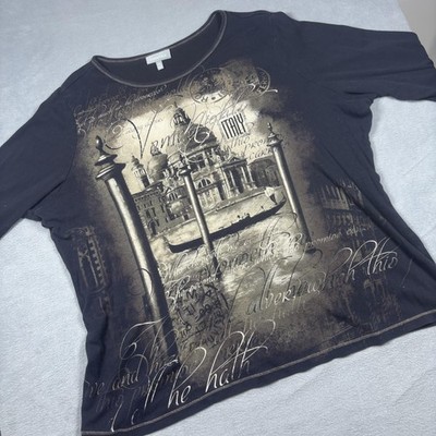 Essentials Shirt Womens 2X Black Venice Italy Graphic Three Quarter Sleeve Top
