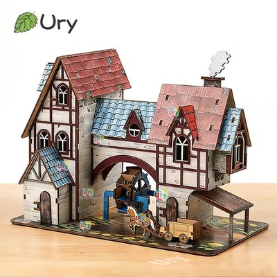 URY 3D Holzpuzzle Mittelalterliches Dorf Chalet-Haus Bausatz Retro DIY Modell